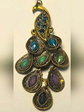 Vintage Peacock Chandelier Earrings Glass Cabochon Gold-Tone Boho